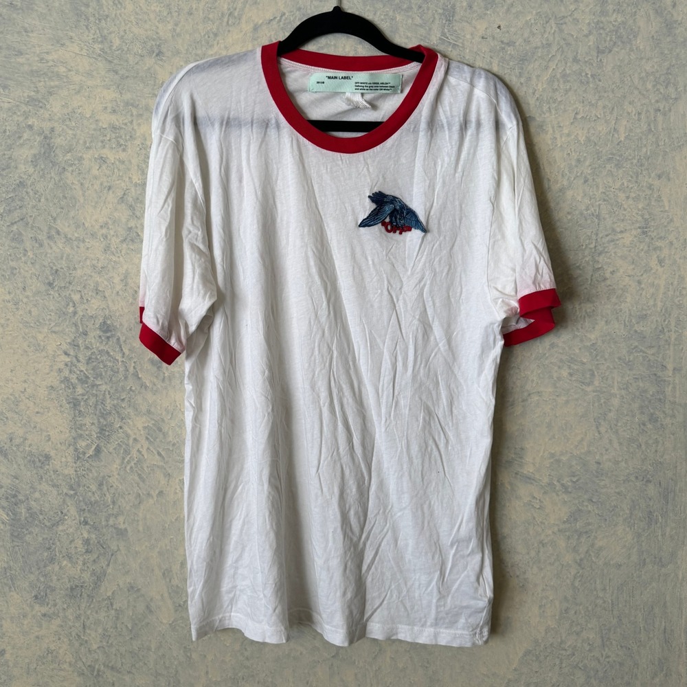 Off-White Ringer T-Shirt Mens Medium White Fair Embroidered Bird Logo Red Trim